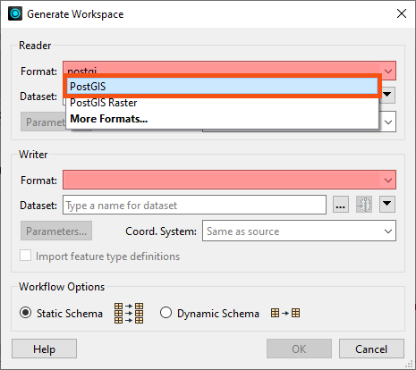 Selecting PostGIS as the reader format